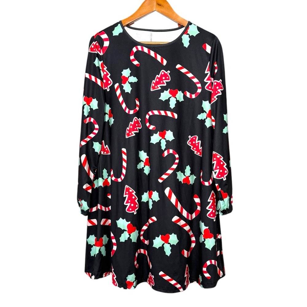 Christmas Holiday Long Sleeve Stretchy Black Dress Candy Canes Women Sz XXL - Picture 3 of 10